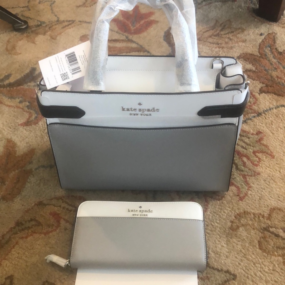 NWT ♠️ KATE SPADE handbag and matching wallet in light grey, white and black. - Picture 2 of 16